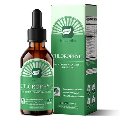 Beworths Liquid Chlorophyll Drops with Milk Thistle, Sea Moss & Chlorella – 3-in-1 Daily Wellness Supplement for Detox, Liver & Digestive Support, Immune Boost & Internal Deodorant – Natural Mint Lemon Flavor, 2 fl. oz (60ml)