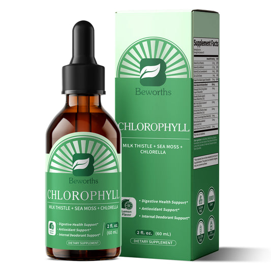 Beworths Liquid Chlorophyll Drops with Milk Thistle, Sea Moss & Chlorella – 3-in-1 Daily Wellness Supplement for Detox, Liver & Digestive Support, Immune Boost & Internal Deodorant – Natural Mint Lemon Flavor, 2 fl. oz (60ml)