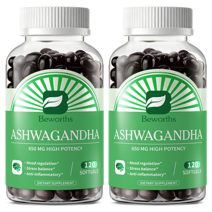 650mg Ashwagandha Root Herbal Supplement, w/Black Pepper,Sleep + Stress Support,120 Ashwagandha Capsules(2 Pack)