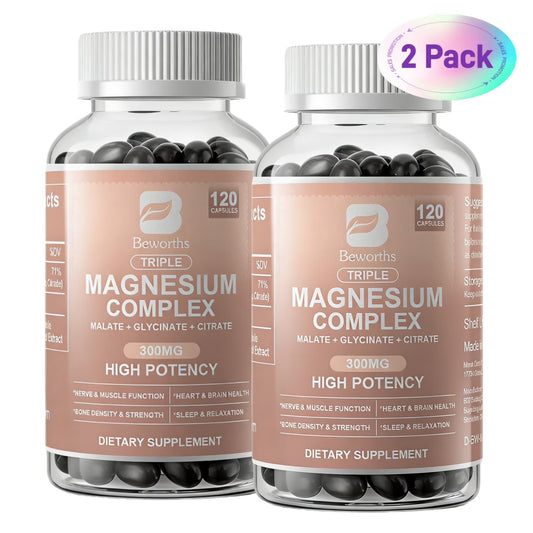 (2 Pack) Beworths Triple Magnesium Complex Capsules - 300mg of Magnesium Glycinate, Malate & Citrate for Muscles, Sleep, Energy - 240 Capsules