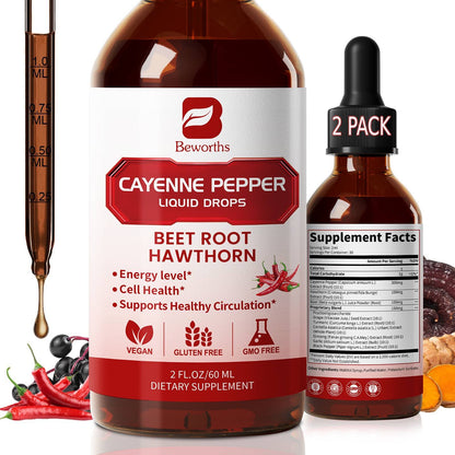 (2 Pack) Cayenne Pepper Liquid Drops Supplements 300mg, Plus Hawthorn Support Digestive Health, Cardiovascular & Circulatory Support, 2 fl oz