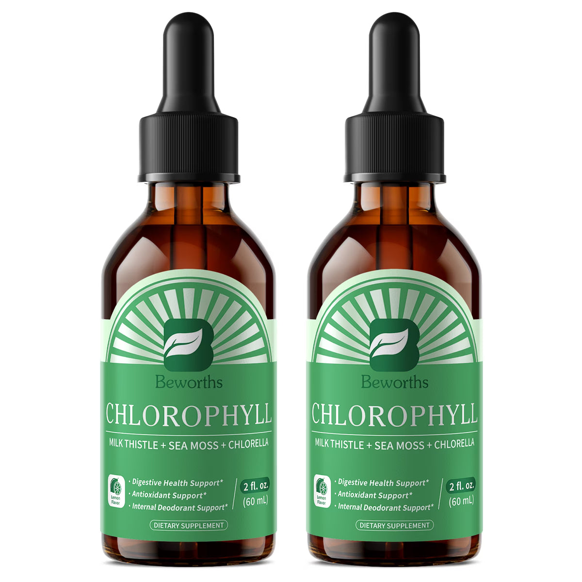 (2 Pack) Chlorophyll Liquid Drops with Milk Thistle, Sea Moss & Chlorella - Lemon Mint Flavor - 4 fl oz (120 mL), 60 Servings