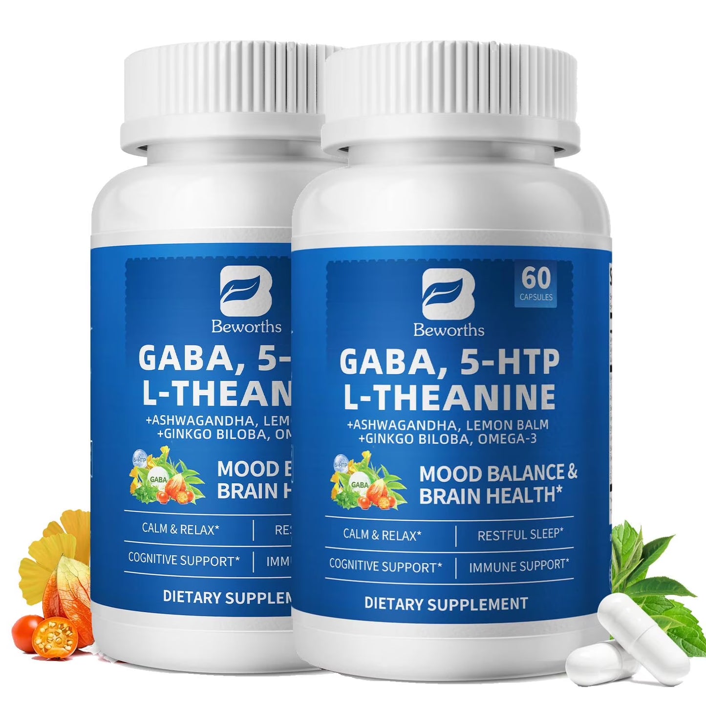 (2 Pack) GABA 5 HTP L-Theanine + Ashwagandha + Lemon Balm & Ginkgo Biloba, Support Calm, Sleep, Mood Balance, 60 Pills