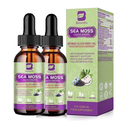 (2 Pack)Sea Moss Liquid Drops - Irish Sea Moss Black Seed Oil with Ashwagandha, Soursop Bitters, Elderberry, Burdock Root, Bladderwrack,Support Antioxidant, Immune, Gut Health