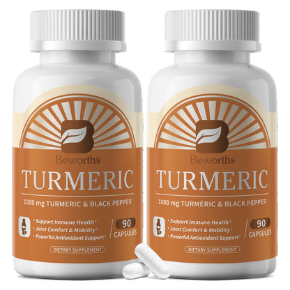 (2 Pack) Turmeric Curcumin 1000mg - 95% Curcuminoids & Black Pepper Extract for Joint & Immune Health Support, 180 Count