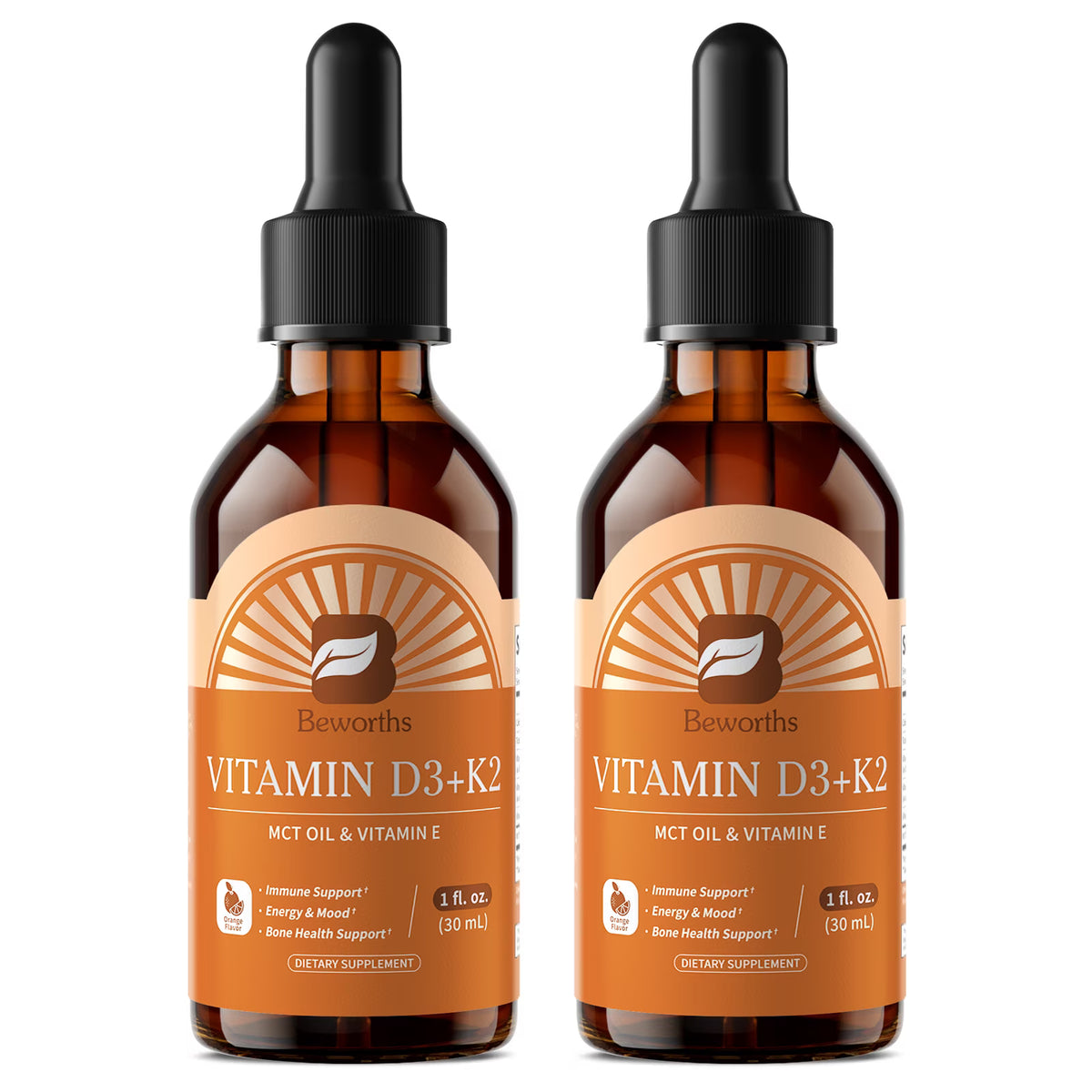 (2 Pack) Vitamin D3 K2 Drops with MCT Oil & Vitamin E - Orange Flavor Liquid Supplement for Immune & Bone Health Support - 2 fl oz (60 mL), 60 Servings