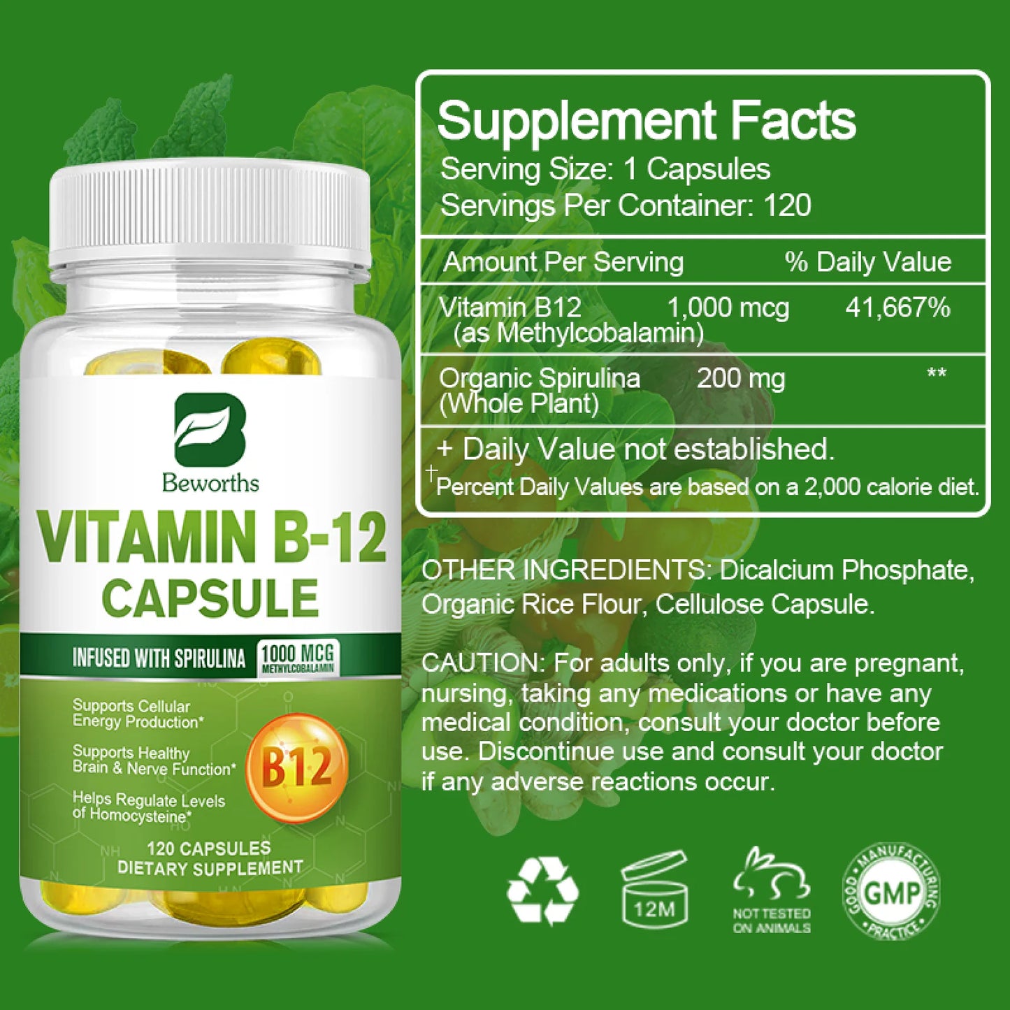 Beworths Vitamin B12 Capsule 1000 Mcg Methyl B12 with Organic Spirulina Supports Healthy Mood, Energy, Heart & Eye Health - 120 Capsules