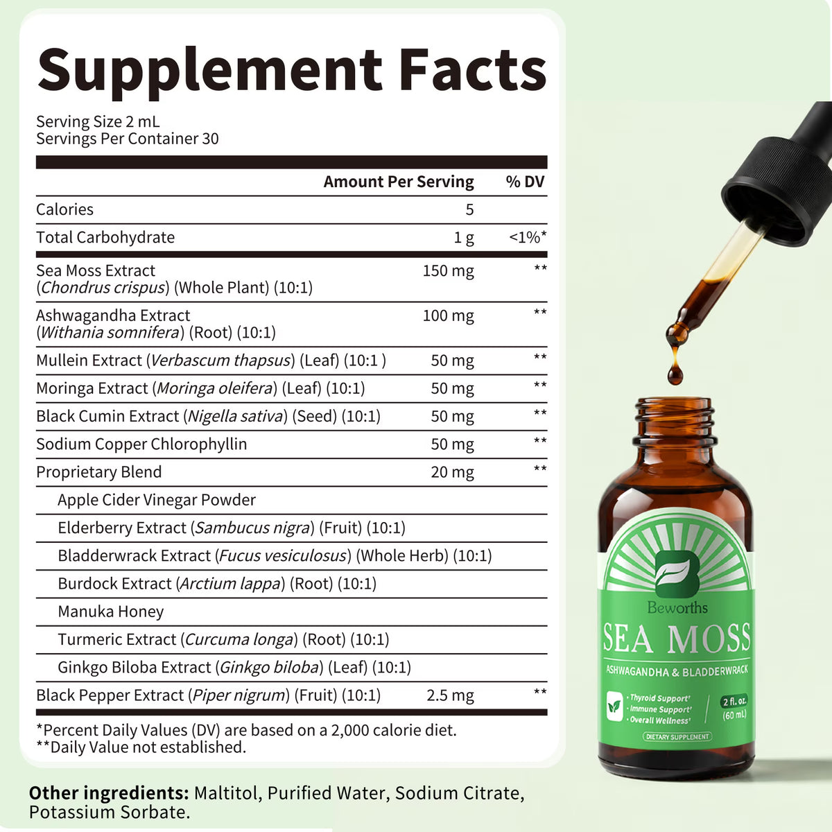 Beworths Organic Sea Moss Liquid Drops 10000mg - 5X Stronger than Gummy & Capsules - Joint, Digestion, Thyroid Immunity Essential Support - 60ml