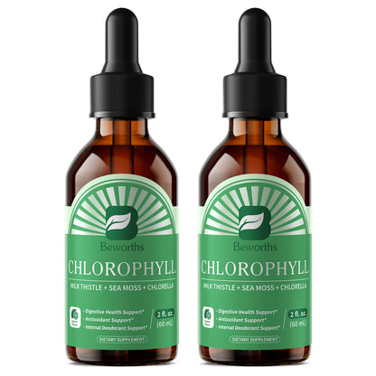 Beworths Liquid Chlorophyll Drops with Milk Thistle, Sea Moss & Chlorella – 3-in-1 Daily Wellness Supplement for Detox, Liver & Digestive Support, Immune Boost & Internal Deodorant – Natural Mint Lemon Flavor, 2 fl. oz (60ml)