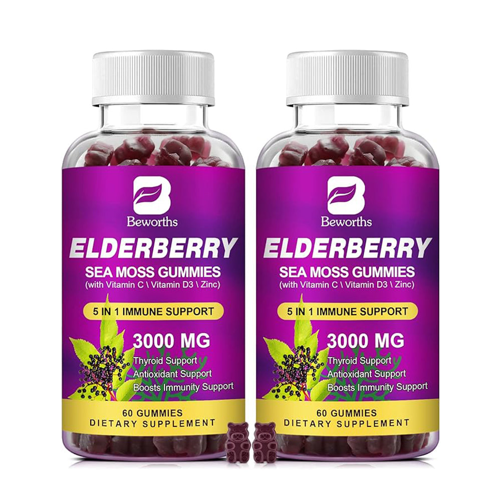 B BEWORTHS Black Elderberry Gummies & Sea Moss Gummy, Sambucus Elderberry Vitamins Supplements with Vitamin C, D3 and Zinc, Thyroid & Immune Support Supplement for Kids & Adults