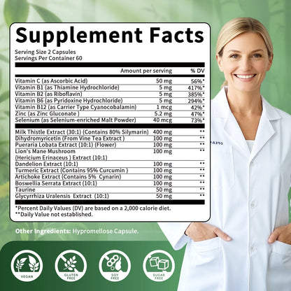 Milk Thistle Capsules, Silymarin Marianum & Dandelion Plus Turmeric Support Liver Function, Antioxidant, Overall Health,120 Count