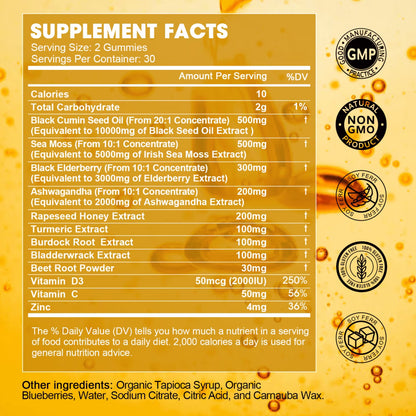 Black Seed Oil Sea Moss Gummies with Ashwagandha, Burdock Root, Elderberry, Turmeric, Vitamin C, D3 & Zinc - Supports Immunity, Joints, Digestion, Hair & Skin, Vegan Gummies 60 Counts