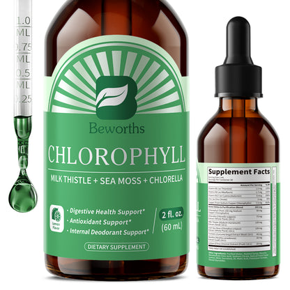 Beworths Liquid Chlorophyll Drops with Milk Thistle, Sea Moss & Chlorella – 3-in-1 Daily Wellness Supplement for Detox, Liver & Digestive Support, Immune Boost & Internal Deodorant – Natural Mint Lemon Flavor, 2 fl. oz (60ml)