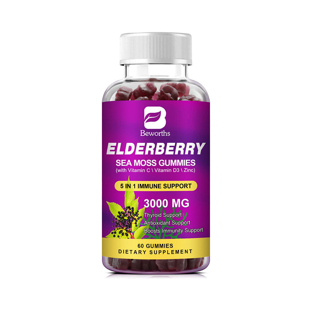 B BEWORTHS Black Elderberry Gummies & Sea Moss Gummy, Sambucus Elderberry Vitamins Supplements with Vitamin C, D3 and Zinc, Thyroid & Immune Support Supplement for Kids & Adults