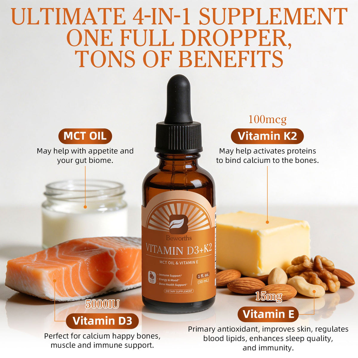 B Beworths Vitamin D3 K2 Drops with MCT Oil & Vitamin E - Orange Flavor Liquid Supplement for Immune & Bone Health Support - 1 fl oz (30 mL), 30 Servings