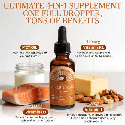 B Beworths Vitamin D3 K2 Drops with MCT Oil & Vitamin E - Orange Flavor Liquid Supplement for Immune & Bone Health Support - 1 fl oz (30 mL), 30 Servings
