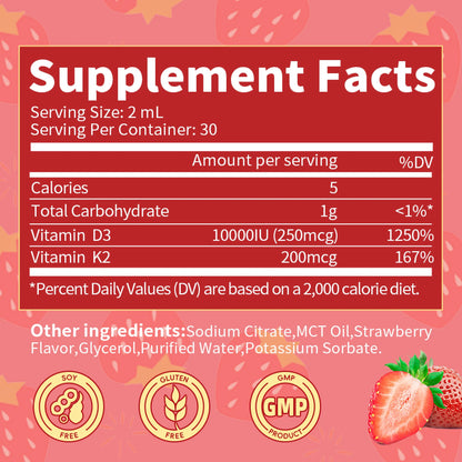 Vitamin D3 K2 Liquid Drops,10,000 IU D3 & 200Mcg K2 per Serving, Support Bone, Heart, Joint, 2 fl oz