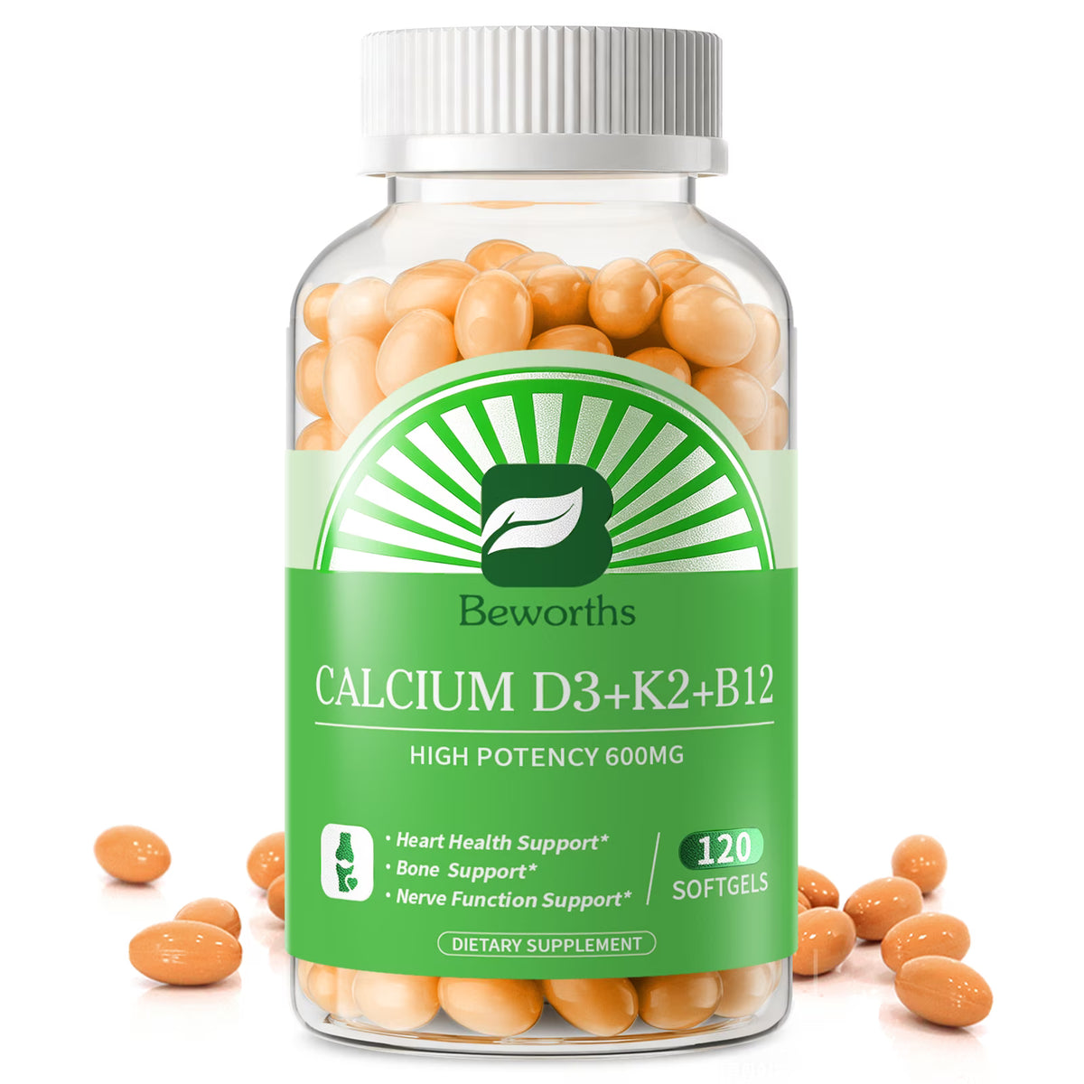 B BEWORTHS Calcium 600mg Supplement with Vitamin D3, K2 & B12, 120 Softgels
