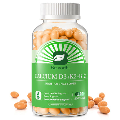 B BEWORTHS Calcium 600mg Supplement with Vitamin D3, K2 & B12, 120 Softgels