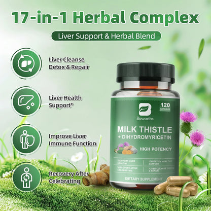 Milk Thistle Capsules, Silymarin Marianum & Dandelion Plus Turmeric Support Liver Function, Antioxidant, Overall Health,120 Count