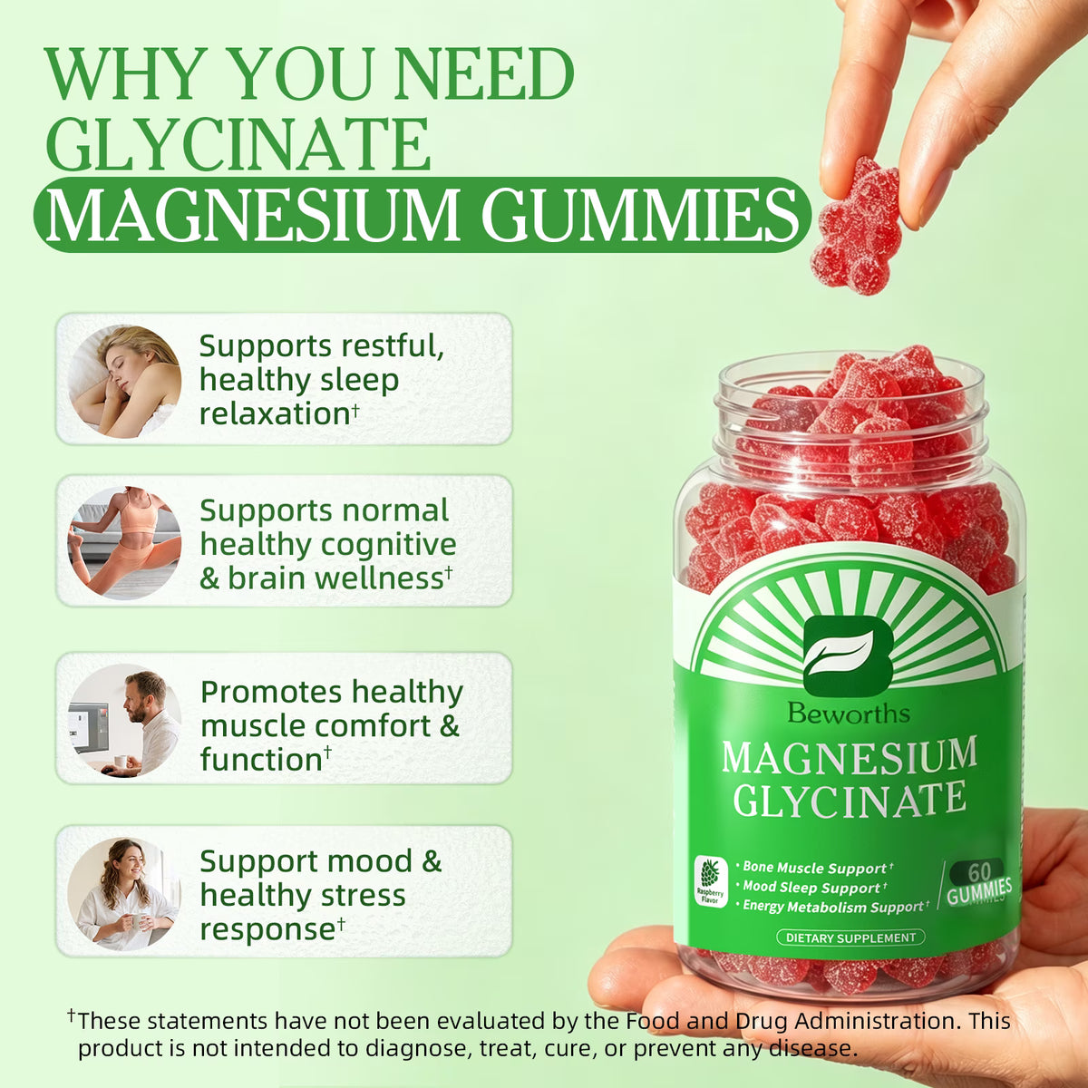 Magnesium Glycinate Gummies - Sugar Free Magnesium Glycinate Supplement - for Relaxation, Stress, and Sleep for Adults - 60 Raspberry Gummies(2 Pack)
