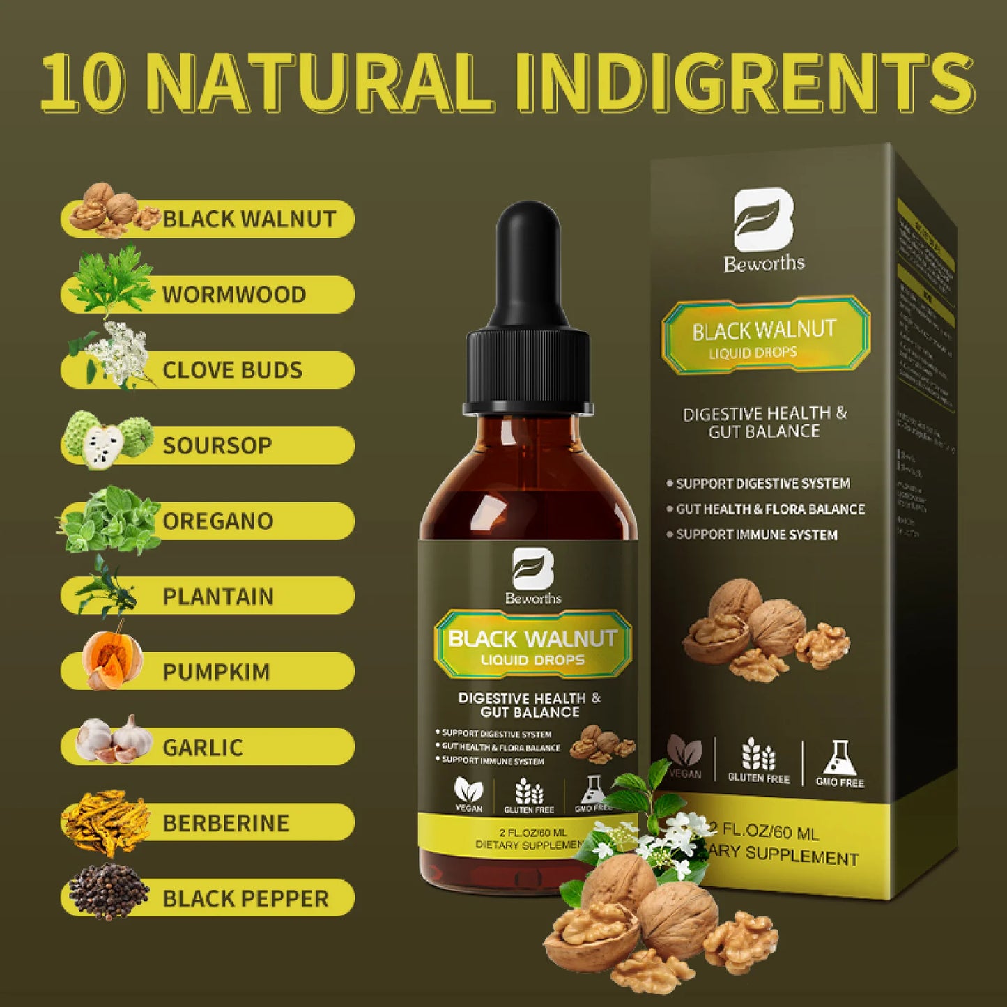 Black Walnut Liquid Drops, 10-In-1 with Wormwood, Pumpkin Seed, Garlic, Oregano, Berberine, Soursop, for Immune, Gut & Digestive Health Support, 2 fl oz