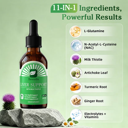 Strawberry Liver Support Liquid Drops with Milk Thistle & NAC - Gut Health & Vitamin Supplement - 2 fl. oz