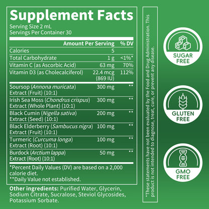 Soursop Bitters Liquid Drops with Irish Sea Moss,Soursop Graviola Leaves Extract - Soursop Multivitamin Complex Supports Antioxidant, Gut Cleanse & Immunity, 4 oz, 2 Pack