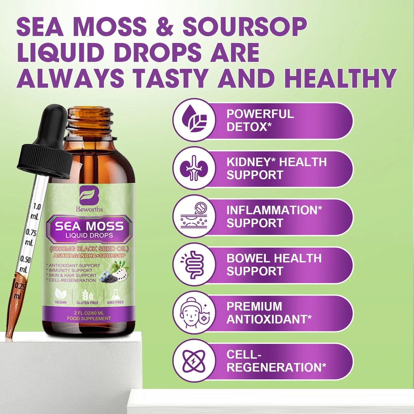 Sea Moss Liquid Drops - Irish Sea Moss Black Seed Oil with Ashwagandha, Soursop Bitters, Elderberry, Burdock Root, Bladderwrack,Support Antioxidant, Immune, Gut Health