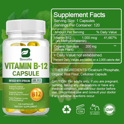 Beworths Vitamin B12 Capsule 1000 Mcg Methyl B12 with Organic Spirulina Supports Healthy Mood, Energy, Heart & Eye Health - 120 Capsules
