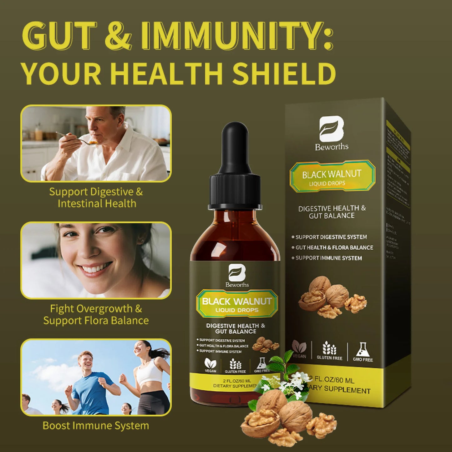 Black Walnut Liquid Drops, 10-In-1 with Wormwood, Pumpkin Seed, Garlic, Oregano, Berberine, Soursop, for Immune, Gut & Digestive Health Support, 2 fl oz