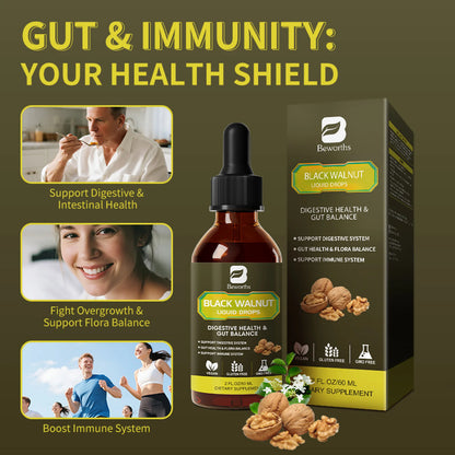Black Walnut Liquid Drops, 10-In-1 with Wormwood, Pumpkin Seed, Garlic, Oregano, Berberine, Soursop, for Immune, Gut & Digestive Health Support, 2 fl oz