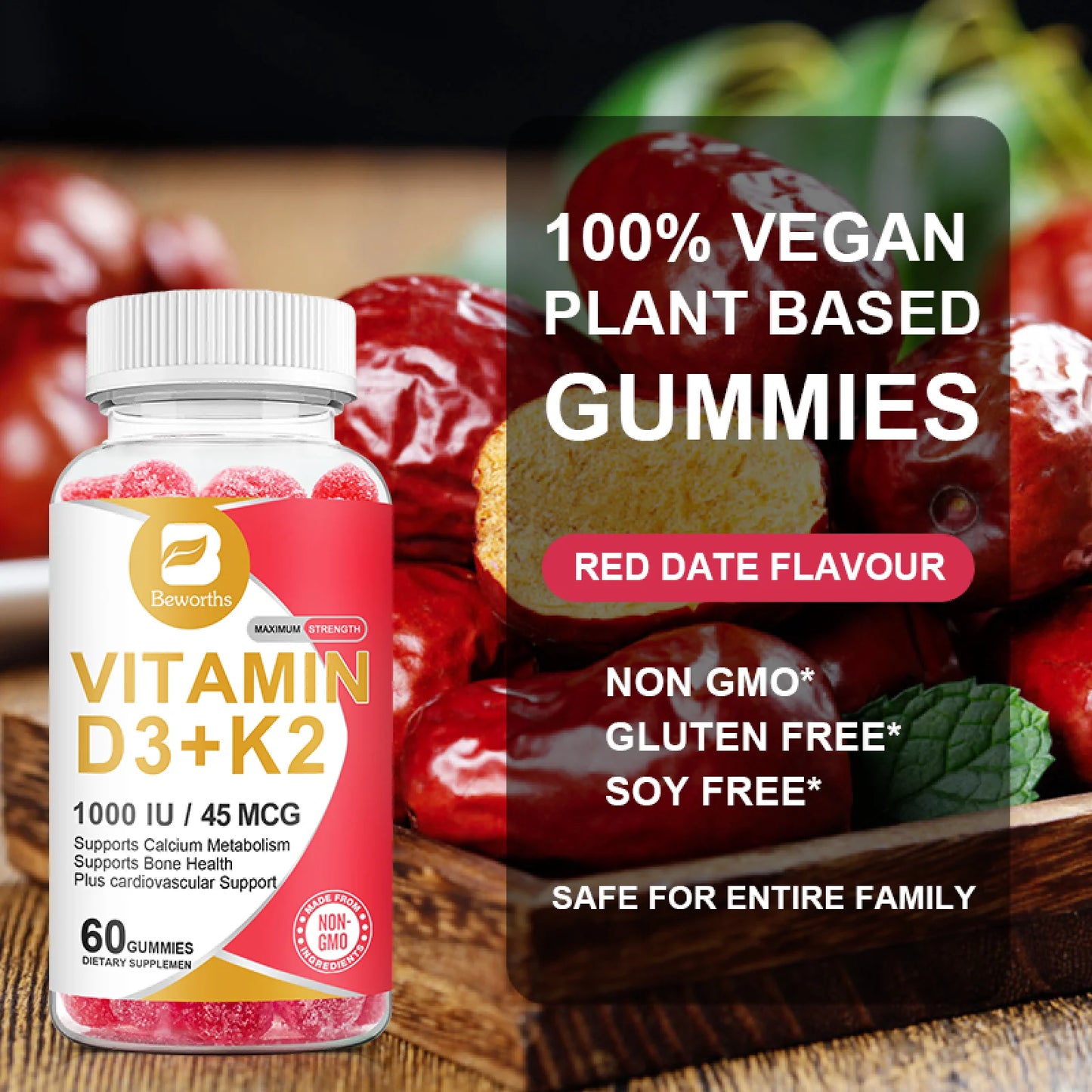 Beworths Vitamin D3 + K2 Gummies, 1000 IU D3 + 45 Mcg K2 for Bone & Muscle, 60 Gummies