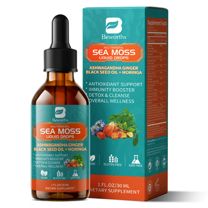 Sea Moss Drops - Irish Sea Moss Chlorophyll Liquid with Black Seed Oil, Ashwagandha, Moringa, Turmeric, Elderberry, Mullein, Seamoss Gel Supplement for Liver Cleanse, Detox & Gut, Immune Support-Vegan