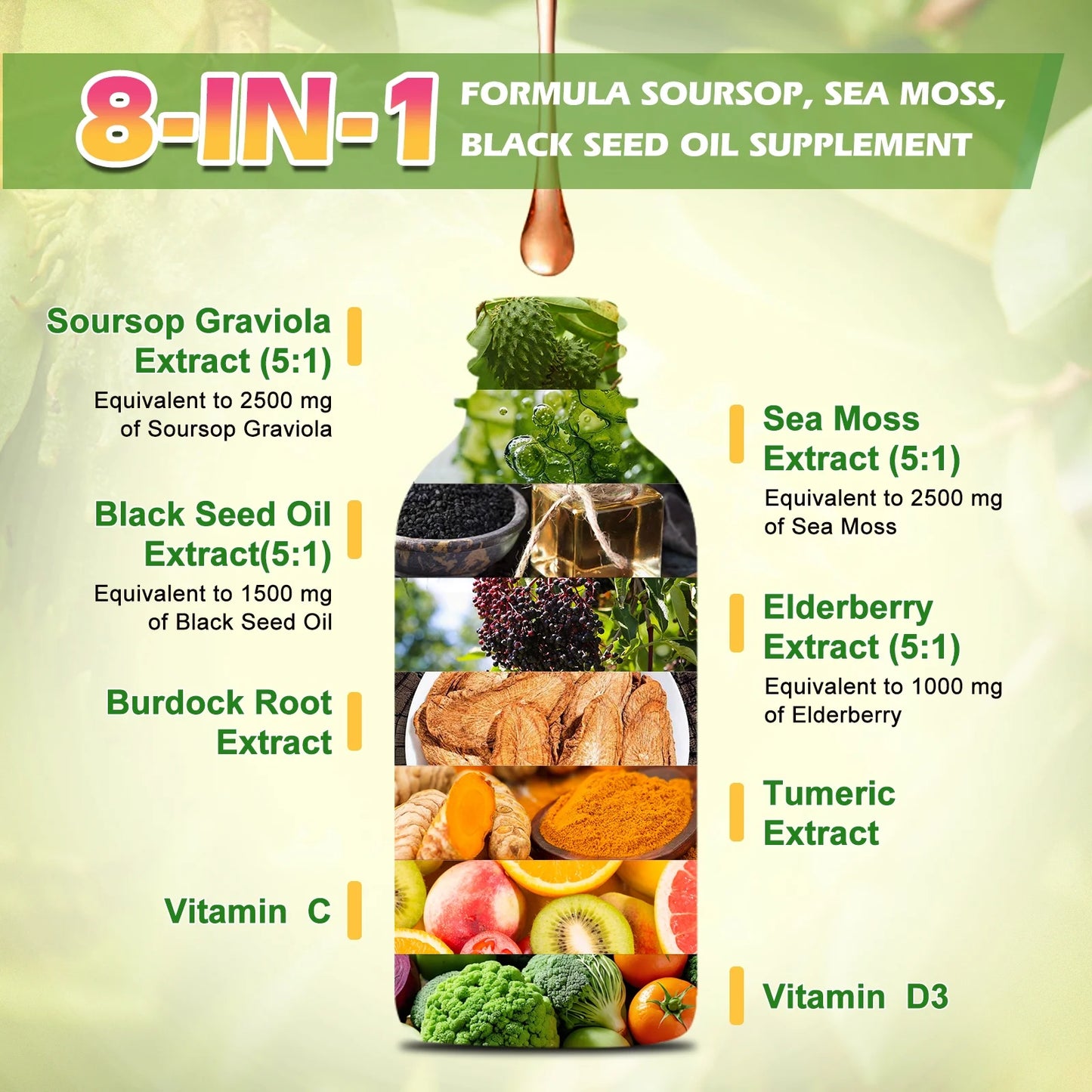 Organic Soursop Graviola with Sea Moss Liquid Drops, Soursop Bitters Liquid Rich in Multivitamin for Natural Antioxidant, Immune Boost, Cell Support & Regeneration, 2 fl oz