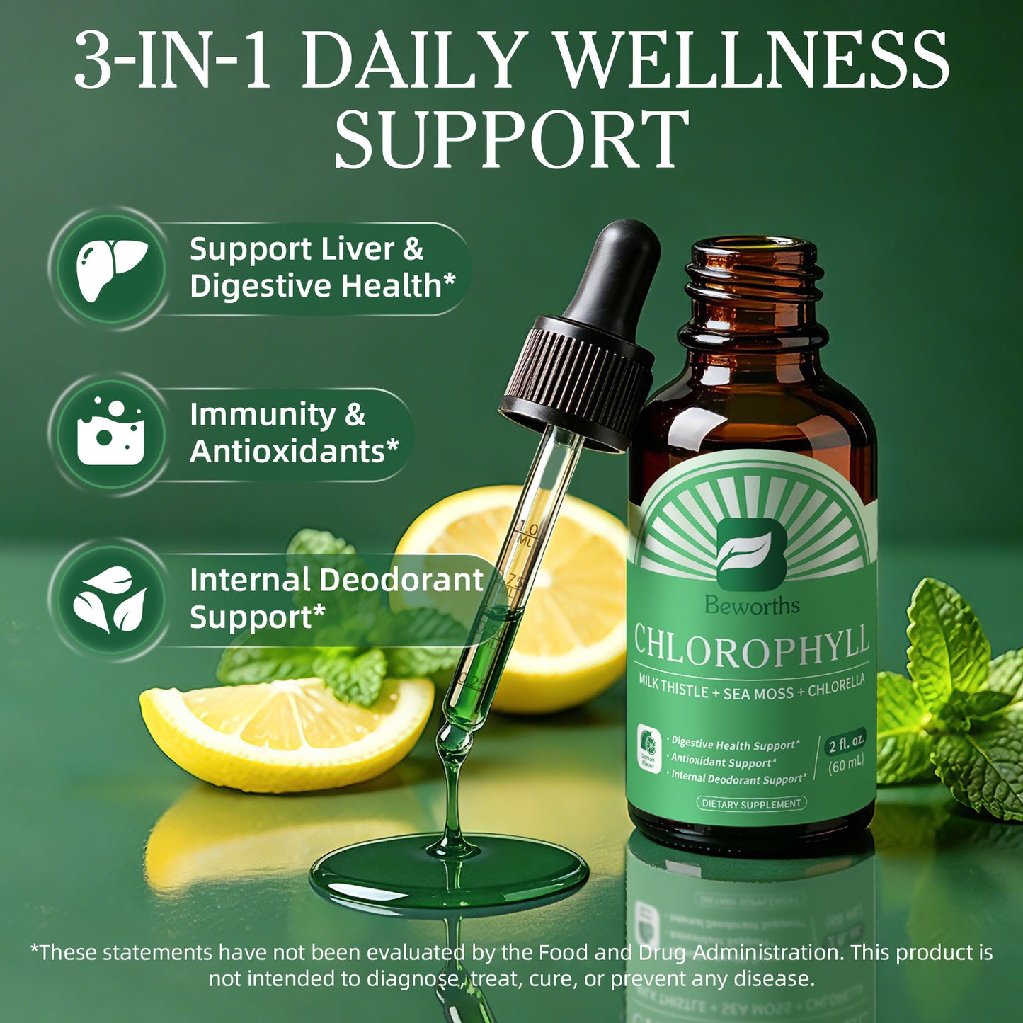 Beworths Liquid Chlorophyll Drops with Milk Thistle, Sea Moss & Chlorella – 3-in-1 Daily Wellness Supplement for Detox, Liver & Digestive Support, Immune Boost & Internal Deodorant – Natural Mint Lemon Flavor, 2 fl. oz (60ml)