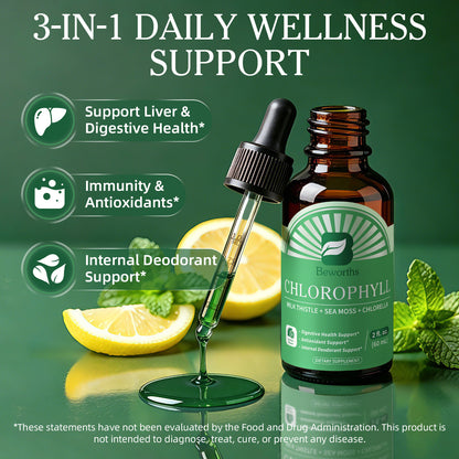 Beworths Liquid Chlorophyll Drops with Milk Thistle, Sea Moss & Chlorella – 3-in-1 Daily Wellness Supplement for Detox, Liver & Digestive Support, Immune Boost & Internal Deodorant – Natural Mint Lemon Flavor, 2 fl. oz (60ml)