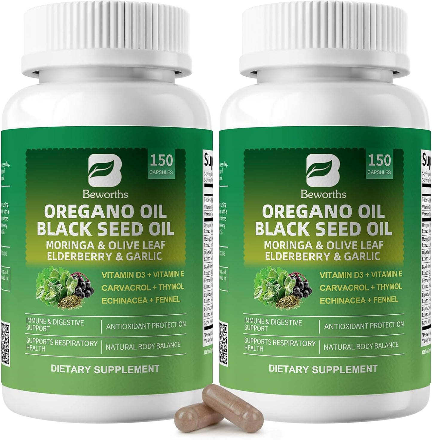 (2 Pack) Oregano Oil Capsules with Black Seed Oil – 10-in-1 Herbal Complex for Immune, Gut & Antioxidant Support – 300 Vegan Capsules Total