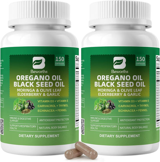 (2 Pack) Oregano Oil Capsules with Black Seed Oil – 10-in-1 Herbal Complex for Immune, Gut & Antioxidant Support – 300 Vegan Capsules Total