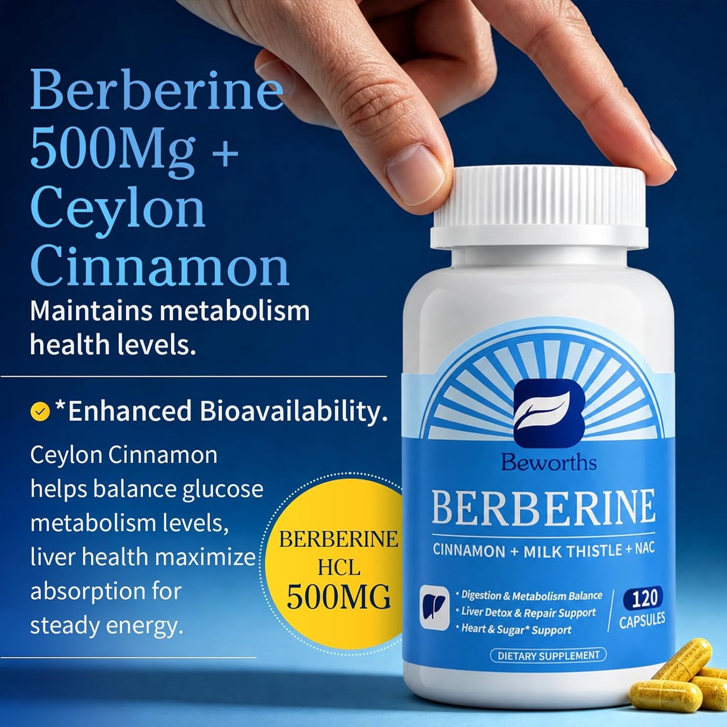 Berberine HCL 500mg Supplement with Ceylon Cinnamon & Milk Thistle, 120 Capsules (2-Pack)