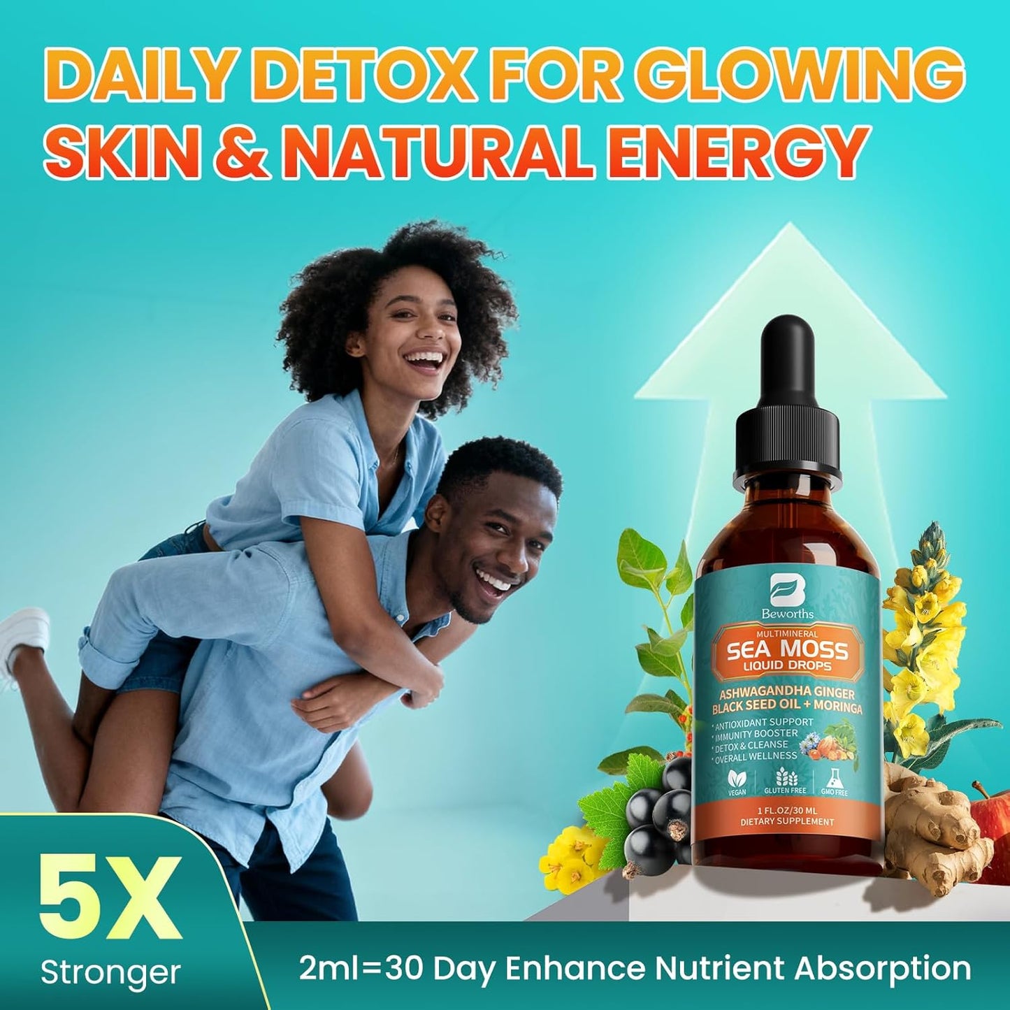 Sea Moss Drops - Irish Sea Moss Chlorophyll Liquid with Black Seed Oil, Ashwagandha, Moringa, Turmeric, Elderberry, Mullein, Seamoss Gel Supplement for Liver Cleanse, Detox & Gut, Immune Support-Vegan