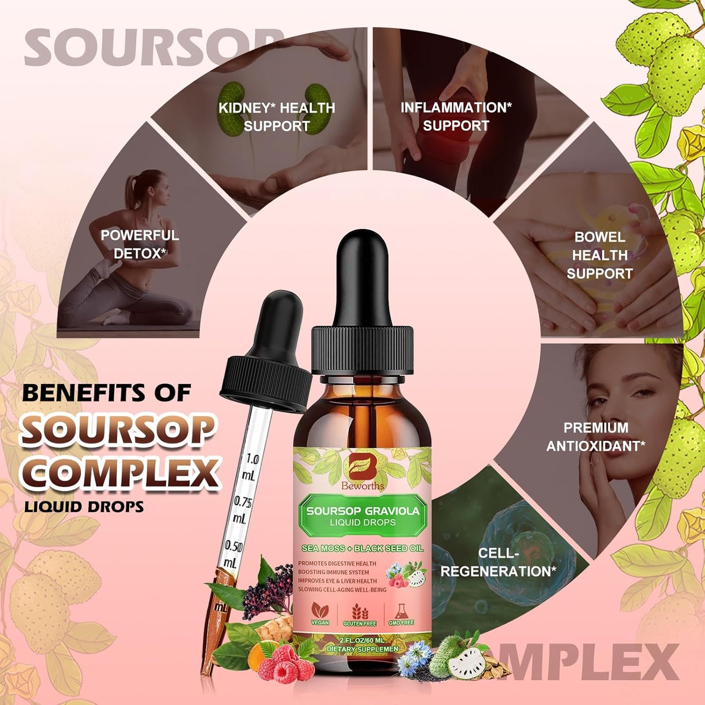 Soursop Bitters Liquid Drops with Irish Sea Moss & Black Seed Oil – Antioxidant & Immune Support, Gut Cleanse & Detox – Raspberry Flavor, 2 fl oz