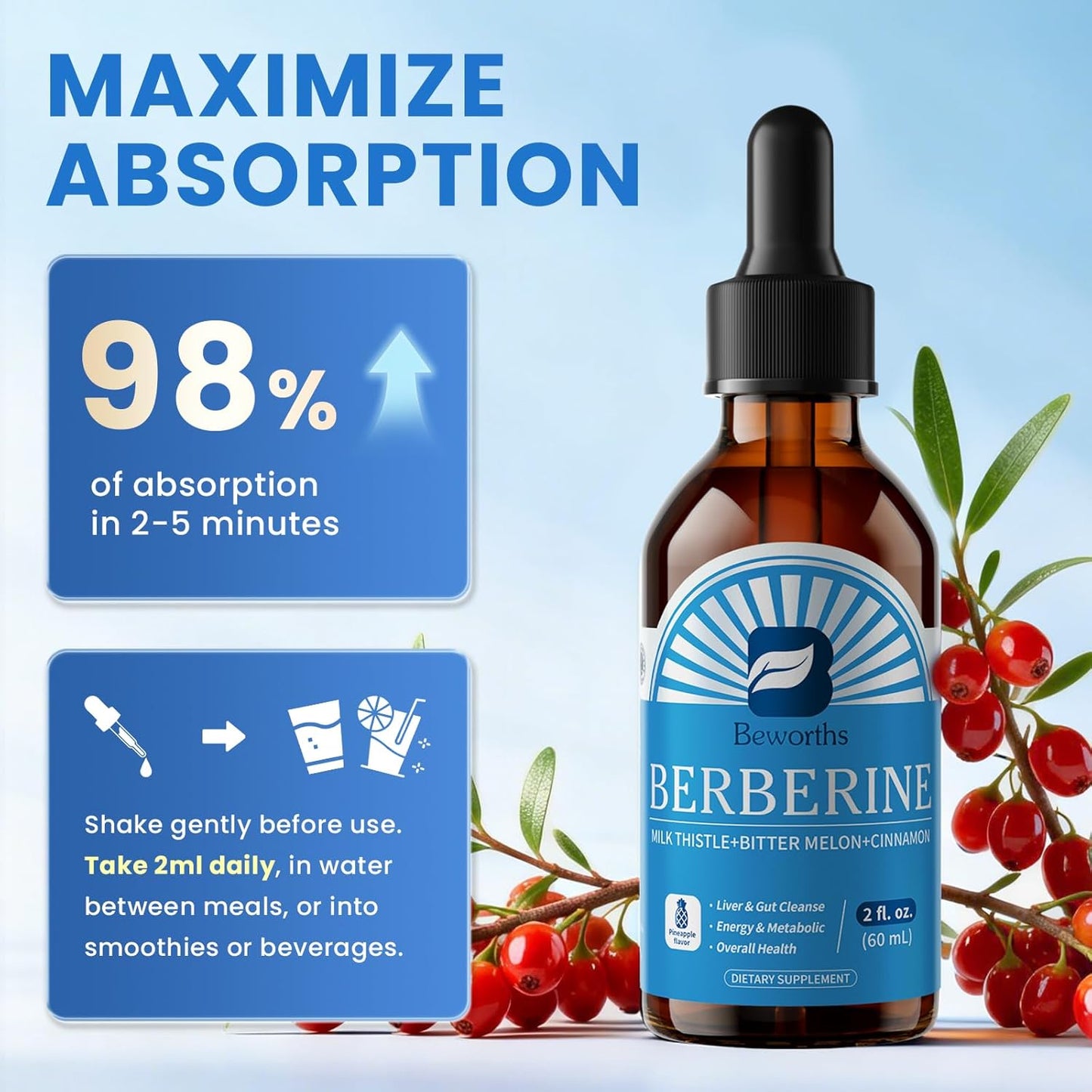 Berberine Liquid Drops with Turmeric Curcumin, Ceylon Cinnamon, Bitter Melon, Berberine Phytosome for Digestion System, Immune Health Support