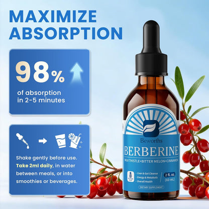 Berberine Liquid Drops with Turmeric Curcumin, Ceylon Cinnamon, Bitter Melon, Berberine Phytosome for Digestion System, Immune Health Support