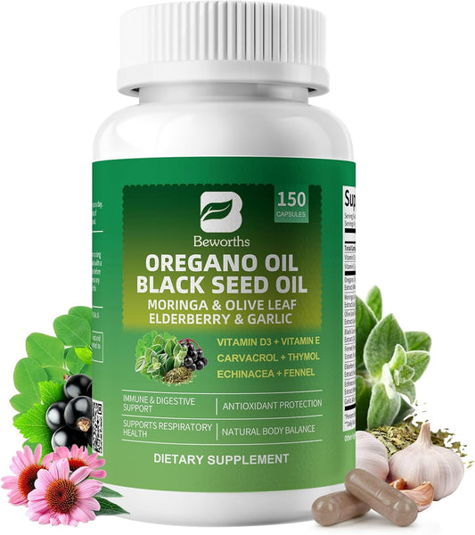 Oregano Oil Capsules with Black Seed Oil – 10-in-1 Herbal Complex with Moringa, Elderberry, Echinacea, Garlic & Fennel – Carvacrol & Thymol for Immune, Digestive & Antioxidant Support (75-Day Supply)