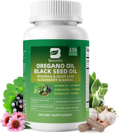 (2 Pack) Oregano Oil Capsules with Black Seed Oil – 10-in-1 Herbal Complex for Immune, Gut & Antioxidant Support – 300 Vegan Capsules Total