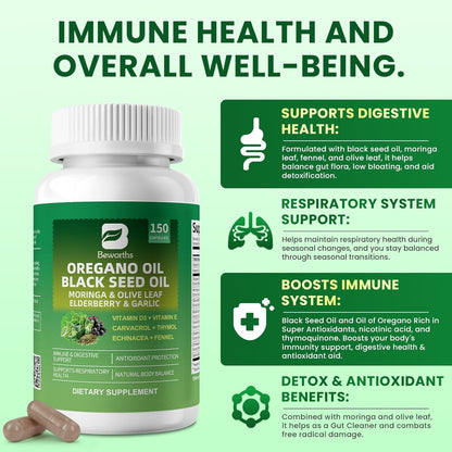 Oregano Oil Capsules with Black Seed Oil – 10-in-1 Herbal Complex with Moringa, Elderberry, Echinacea, Garlic & Fennel – Carvacrol & Thymol for Immune, Digestive & Antioxidant Support (75-Day Supply)