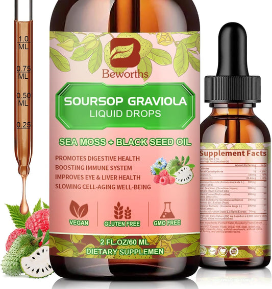 Soursop Bitters Liquid Drops with Irish Sea Moss & Black Seed Oil – Antioxidant & Immune Support, Gut Cleanse & Detox – Raspberry Flavor, 2 fl oz