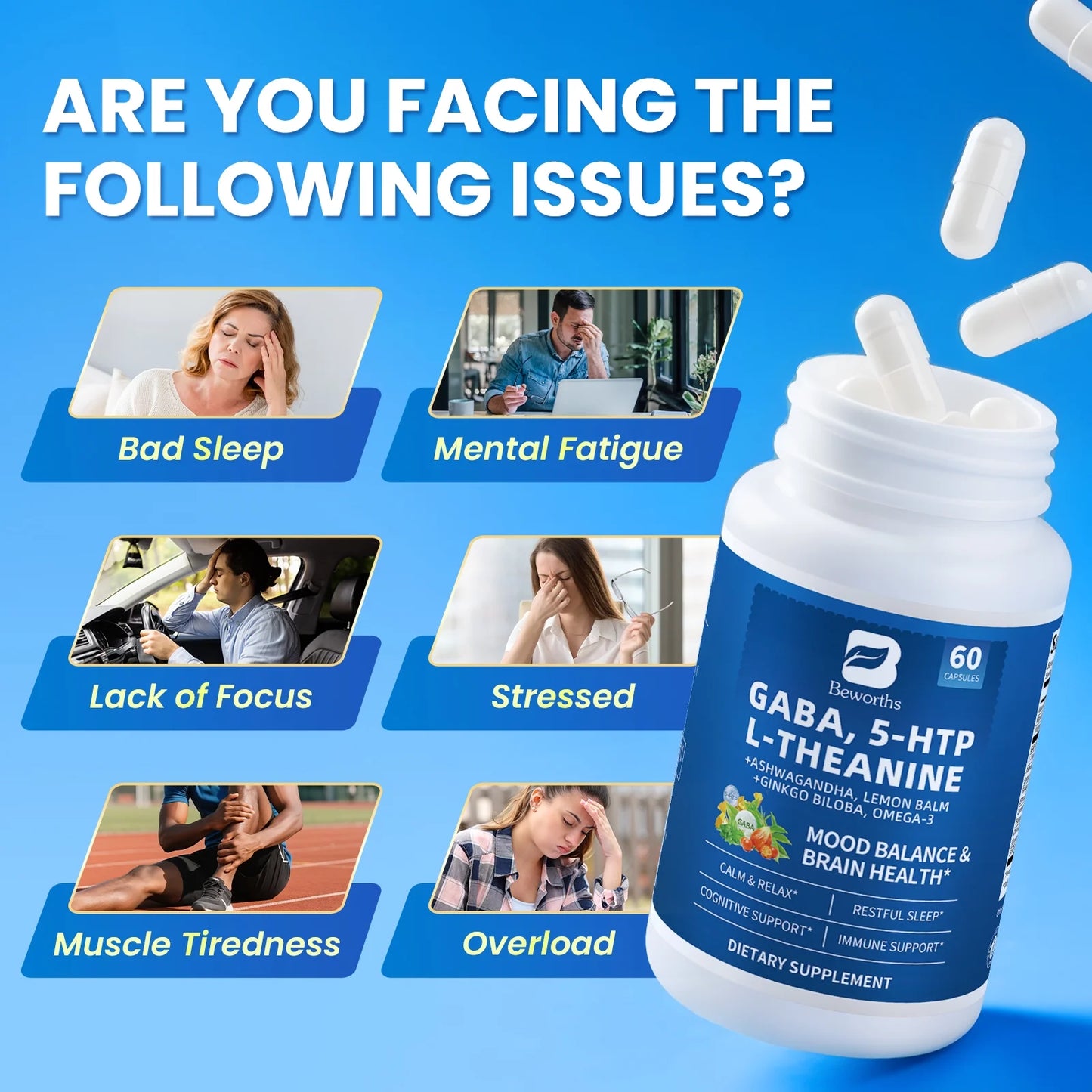 (2 Pack) GABA 5 HTP L-Theanine + Ashwagandha + Lemon Balm & Ginkgo Biloba, Support Calm, Sleep, Mood Balance, 60 Pills