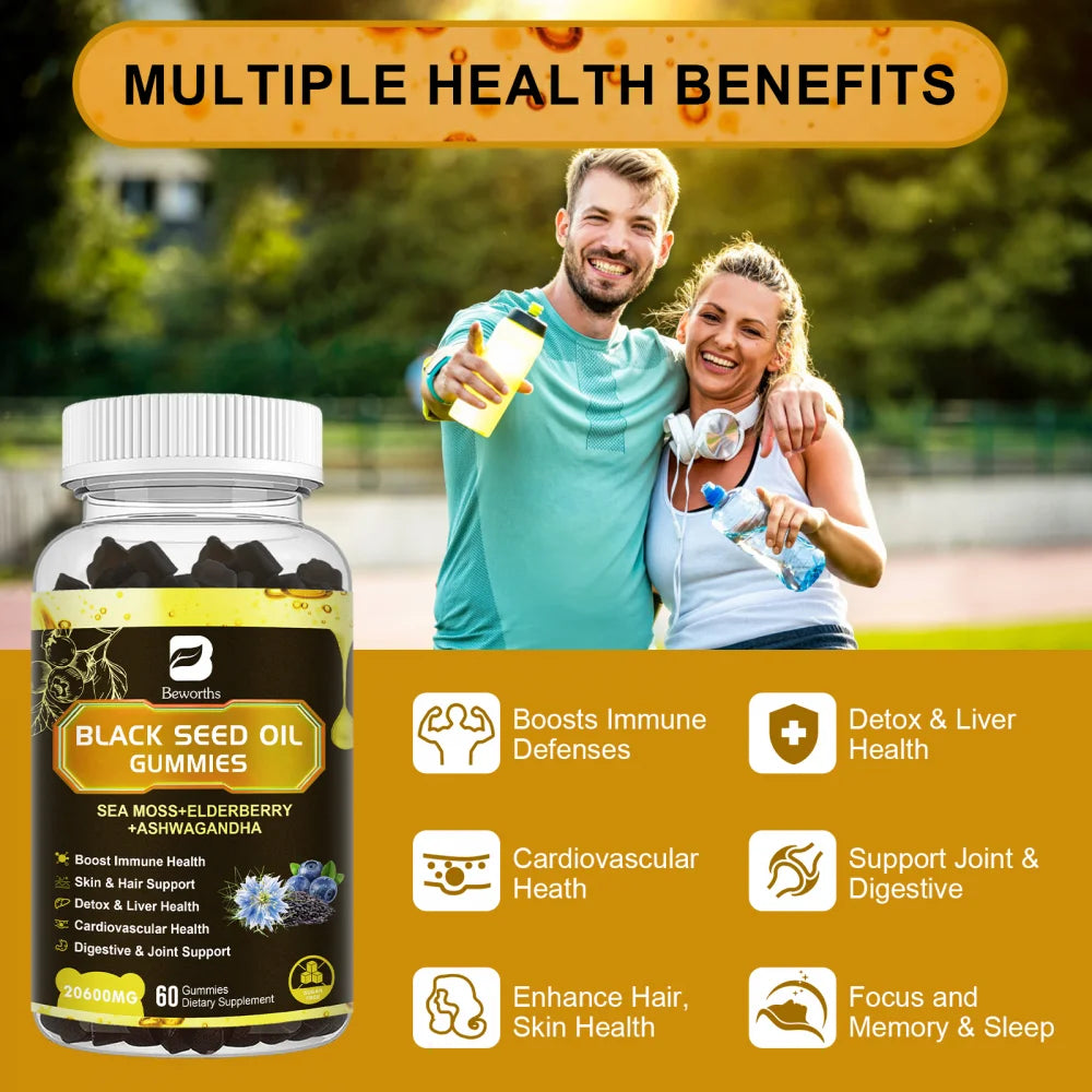 Black Seed Oil Sea Moss Gummies with Ashwagandha, Burdock Root, Elderberry, Turmeric, Vitamin C, D3 & Zinc - Supports Immunity, Joints, Digestion, Hair & Skin, Vegan Gummies 120 Counts, 2 Pack